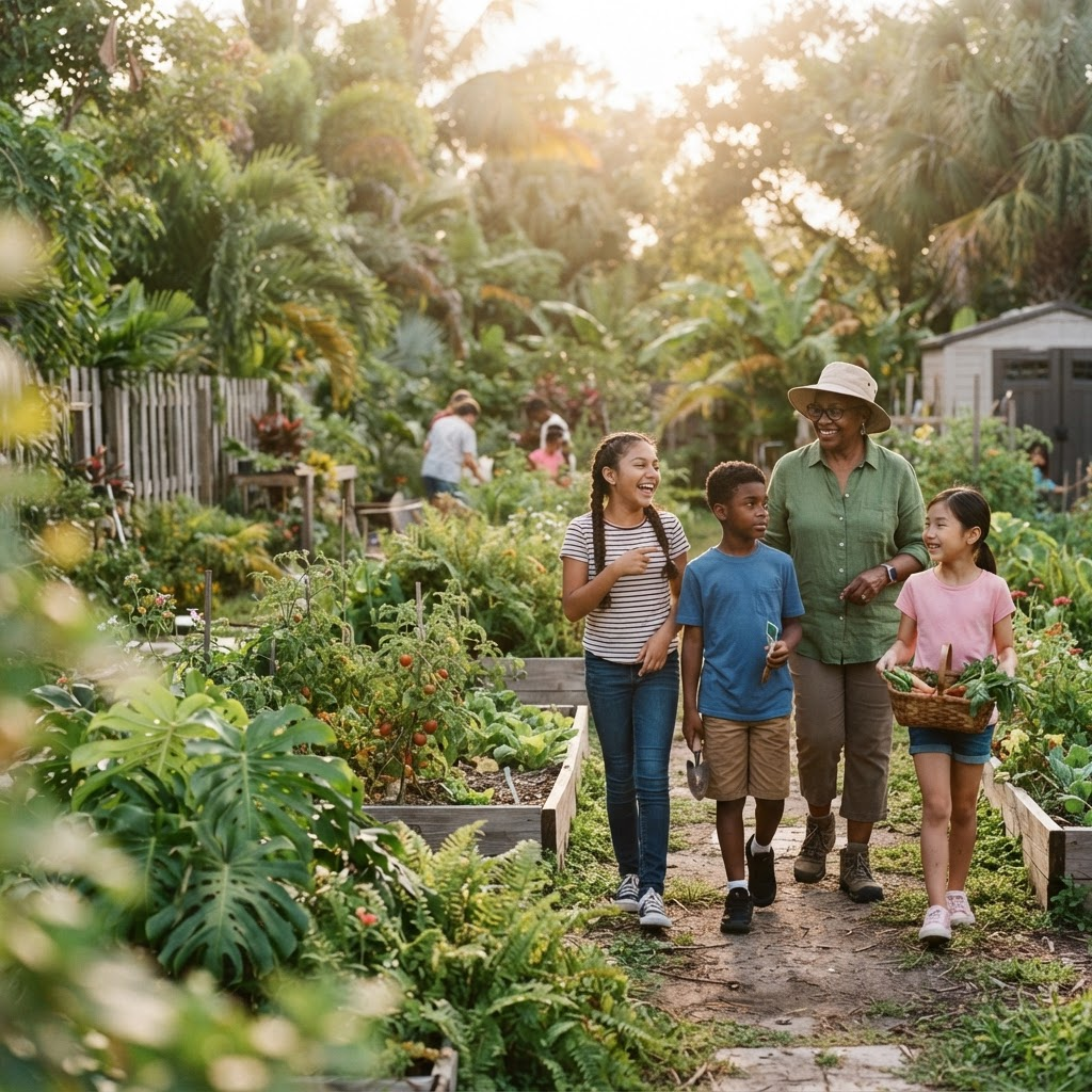 A mentor walking with young people through a community garden